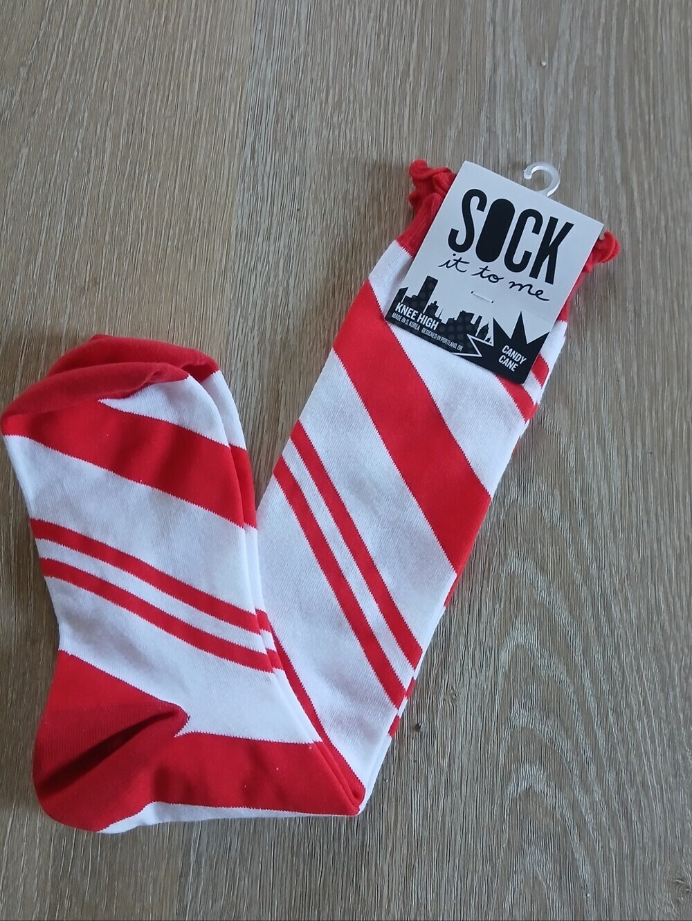Sock It To Me Socks Candy Cane Striped Knee High New Tag Red & White
